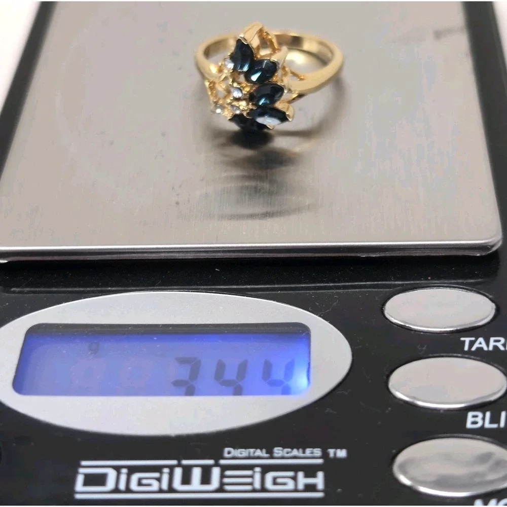 14K Gold Electroplate Dark Blue Marquise Sapphire Color Cluster Ring Sz 8.5-8.75